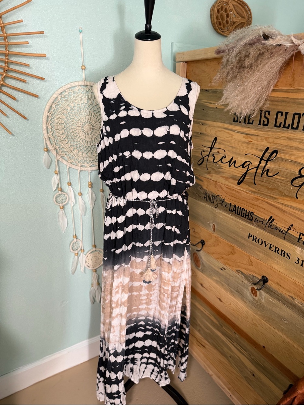 Karen Kane Black & Beige Tie-Dye Sleeveless Maxi Dress
